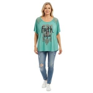 LEVEL EIGHT Women’s Plus Size Top 3XL Green Lace Yoke “Faith & Hope” Graphic Tee